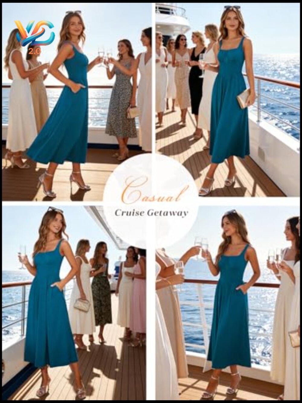 Womens Sleeveless Square Neck Midi Dress with Pockets A-Line Sundress - Picture 3 of 7